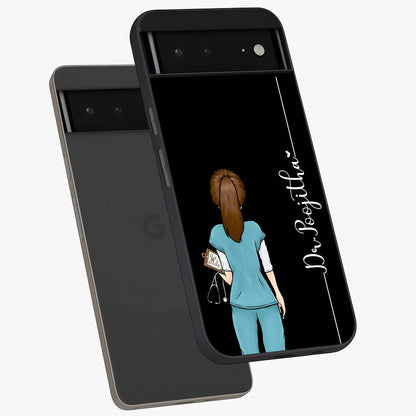 Doctor Pattern Custom Name Glass Case displayed in angled mockup highlighting doctor inspired artwork with custom name feature.