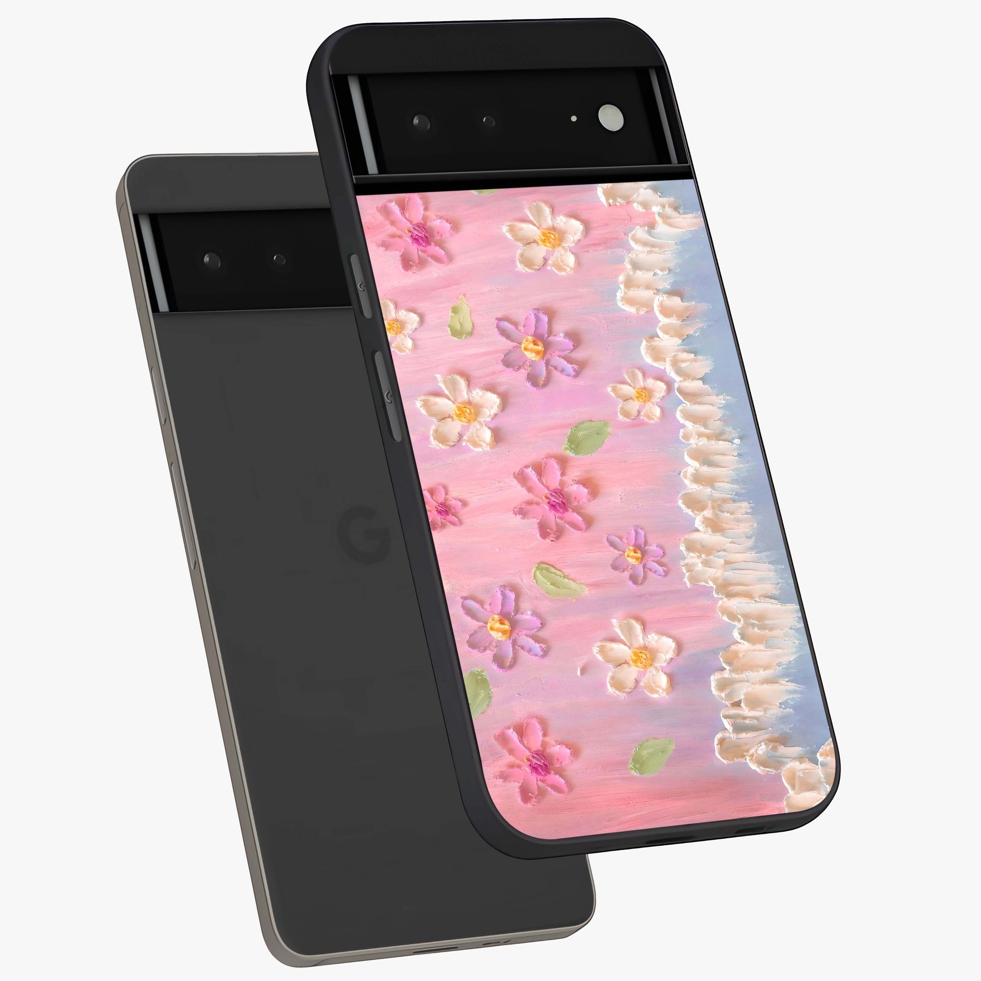 Dreamy Painted Garden Glass Case displayed in angled mockup highlighting colorful garden illustration with dreamy aesthetic style.