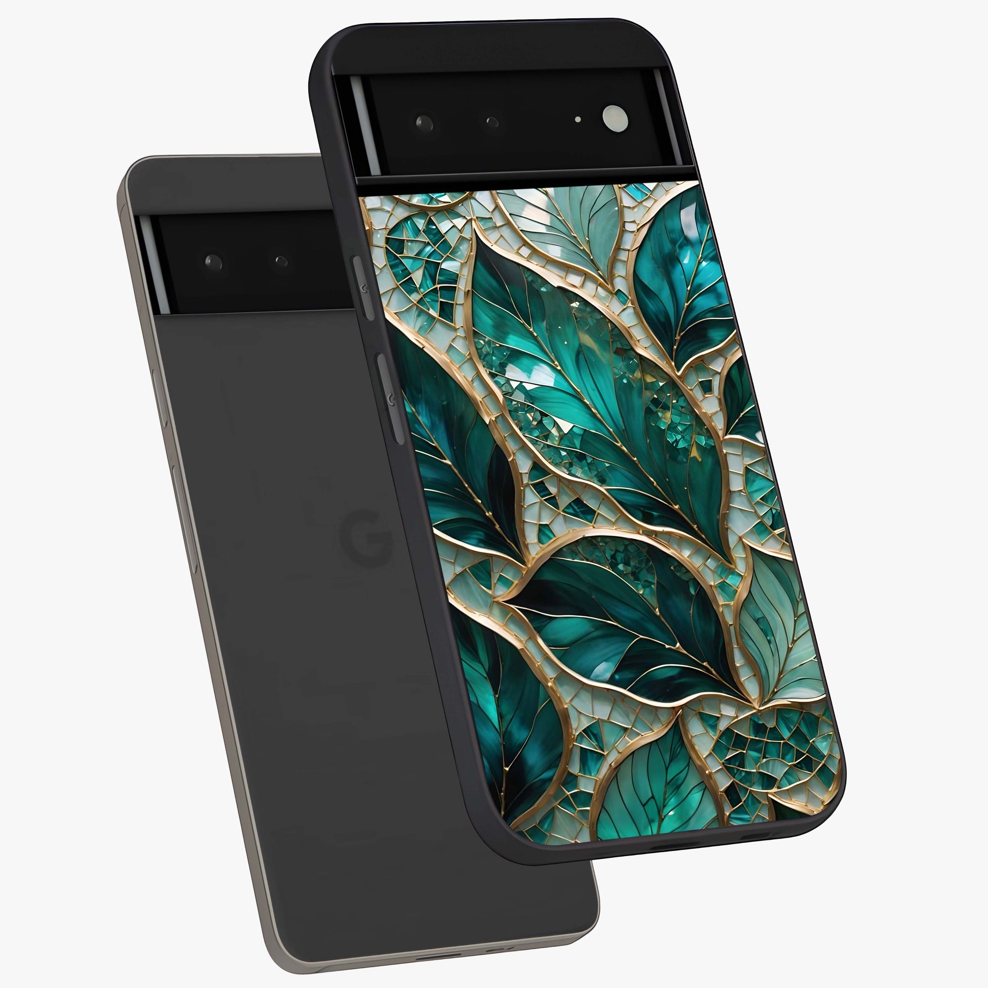 Emerald Leaf Glass Glass Case displayed in angled mockup highlighting botanical leaf illustration with elegant natural aesthetic.