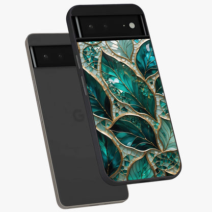 Emerald Leaf Glass Glass Case displayed in angled mockup highlighting botanical leaf illustration with elegant natural aesthetic.