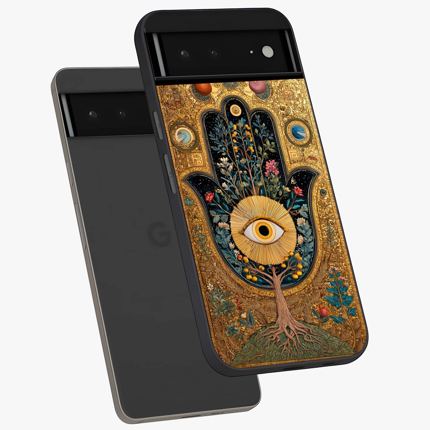 Ethereal Evil Eye Glass Case displayed in angled mockup highlighting protective evil eye symbol with spiritual aesthetic design.