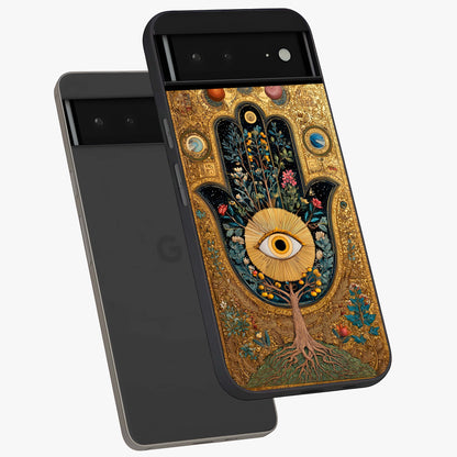 Ethereal Evil Eye Glass Case displayed in angled mockup highlighting protective evil eye symbol with spiritual aesthetic design.