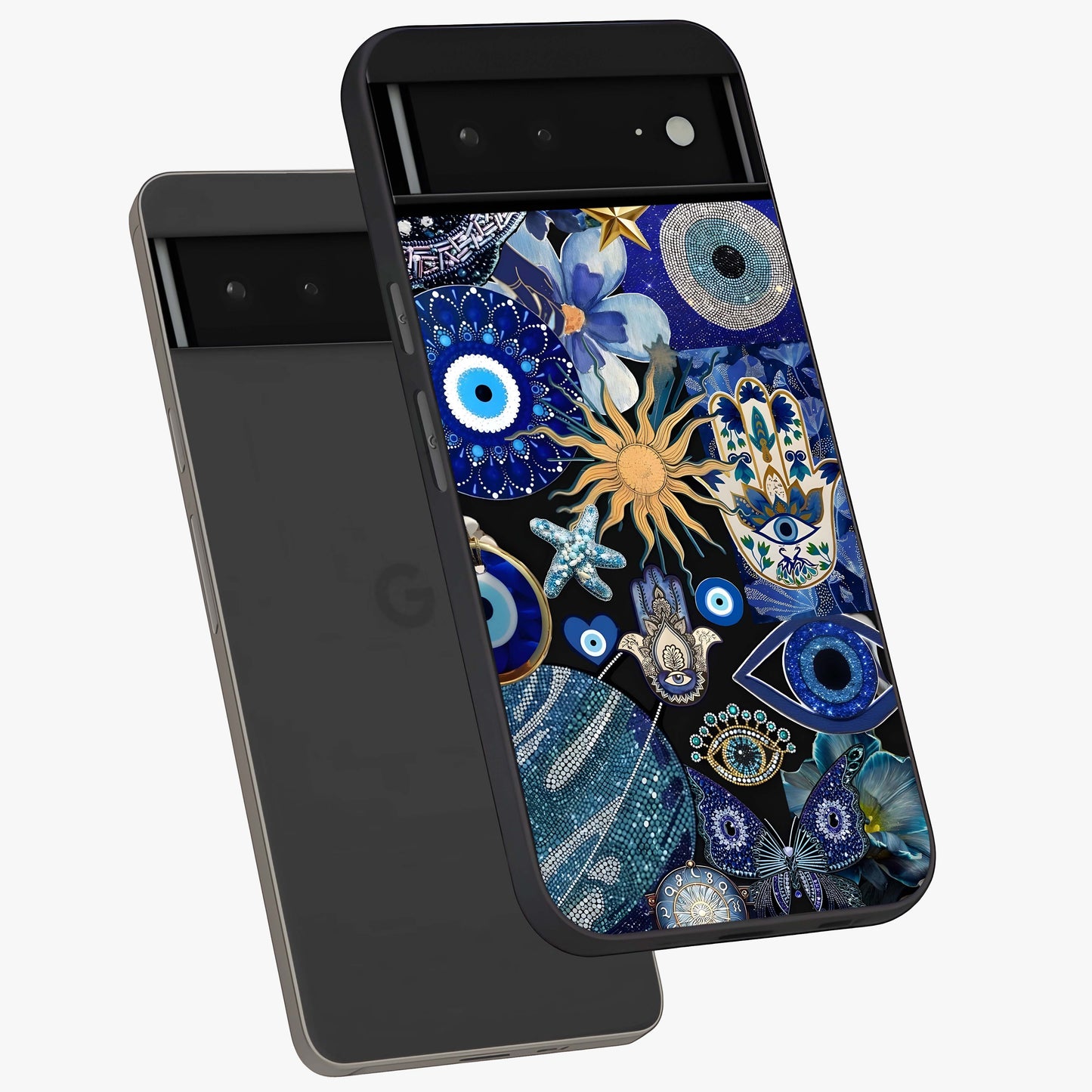Evil Eye Charm Mix Glass Case displayed in angled mockup highlighting protective evil eye symbols with spiritual aesthetic design.