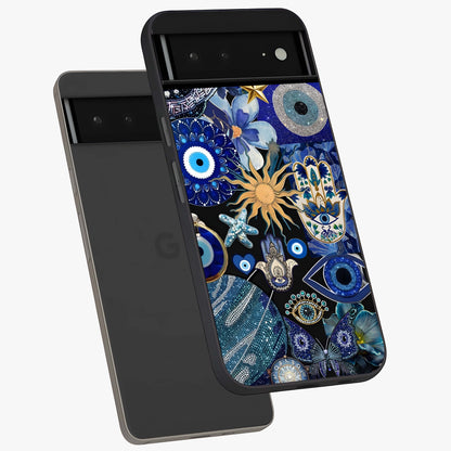 Evil Eye Charm Mix Glass Case displayed in angled mockup highlighting protective evil eye symbols with spiritual aesthetic design.