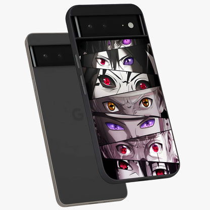 Eyes of Destiny Glass Case displayed in angled mockup highlighting bold eye illustration with mystical aesthetic style.