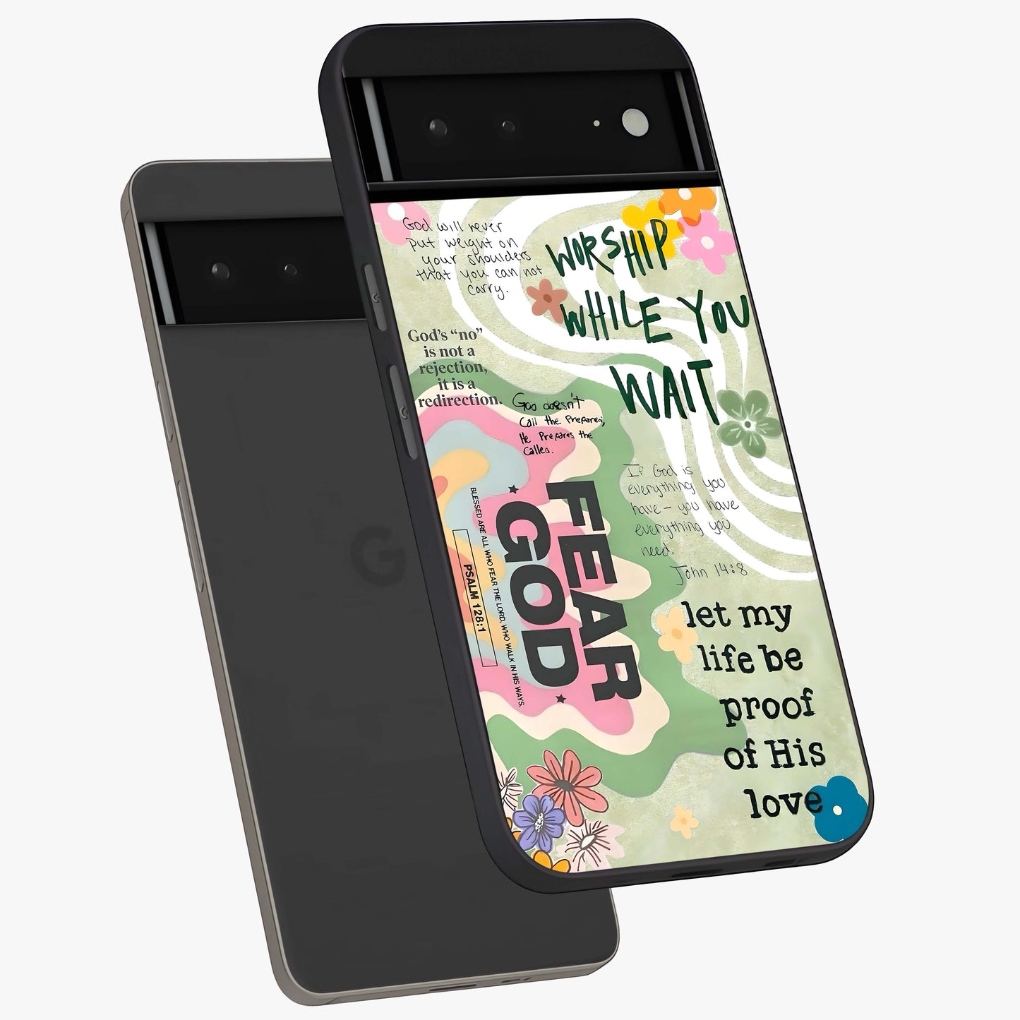 Faith Over Fear Glass Case displayed in angled mockup highlighting inspirational message design with modern aesthetic style.