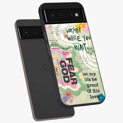 Faith Over Fear Glass Case displayed in angled mockup highlighting inspirational message design with modern aesthetic style.