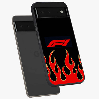 Fire F11 Glass Case displayed in angled mockup highlighting bold fire inspired graphic with energetic aesthetic style.