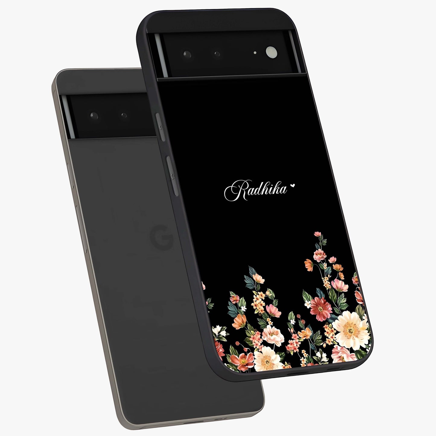 Floral Design With a Custom Personalized Name Glass Case displayed in angled mockup highlighting elegant floral pattern with custom name feature.