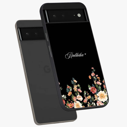 Floral Design With a Custom Personalized Name Glass Case displayed in angled mockup highlighting elegant floral pattern with custom name feature.