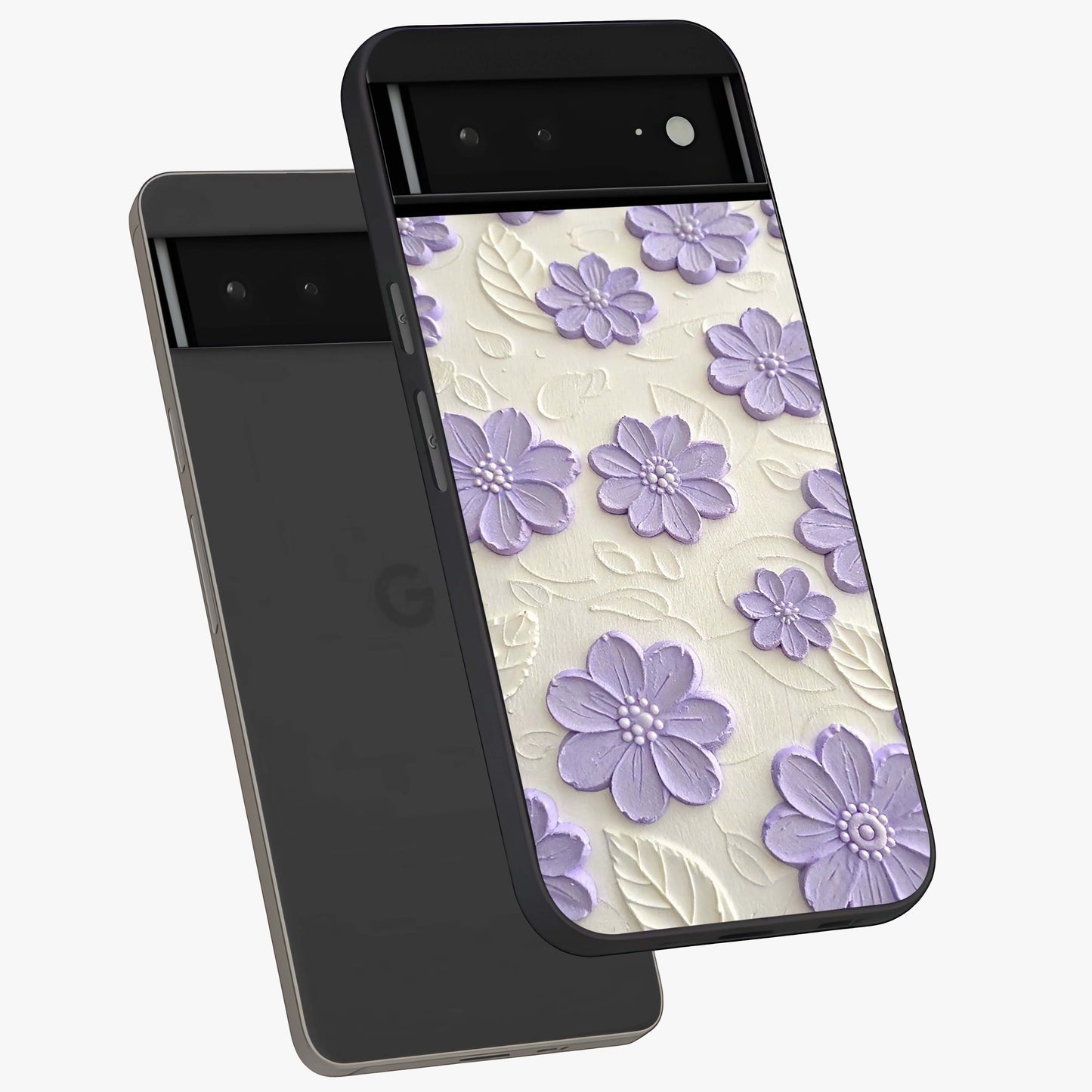 Floral Wall Art With Purple Flowers Glass Case displayed in angled mockup highlighting vibrant purple floral illustration with artistic aesthetic.