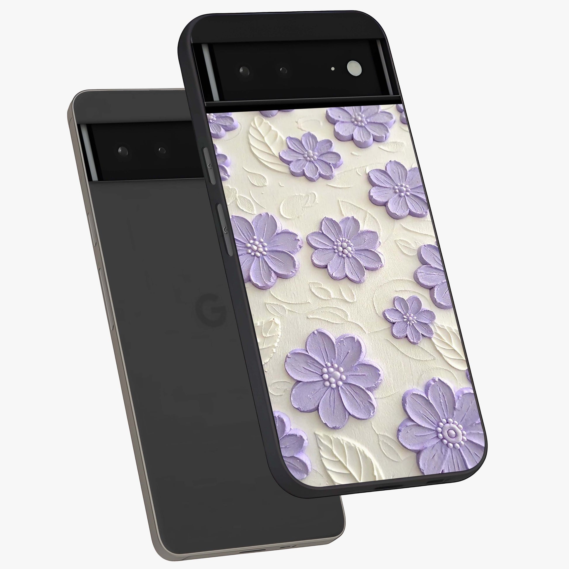 Floral Wall Art With Purple Flowers Glass Case displayed in angled mockup highlighting vibrant purple floral illustration with artistic aesthetic.