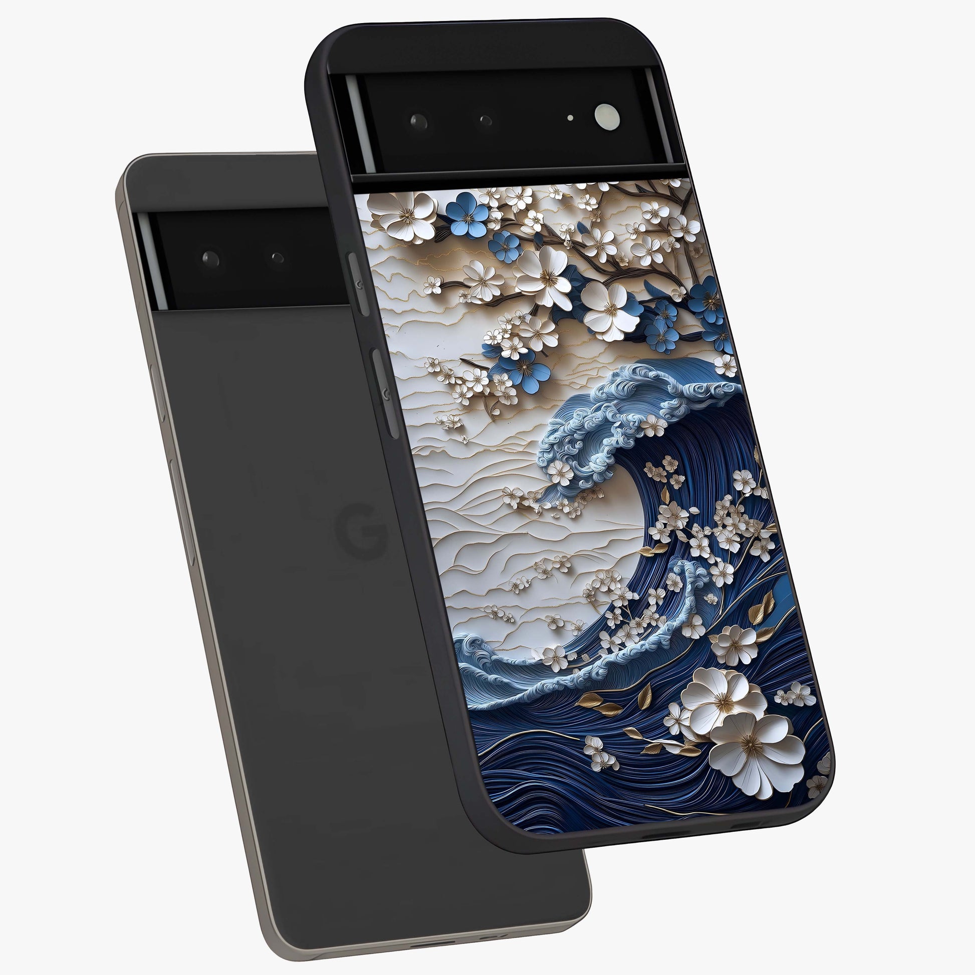 Floral Wave Origami Glass Case displayed in angled mockup highlighting geometric origami flower design with modern aesthetic style.