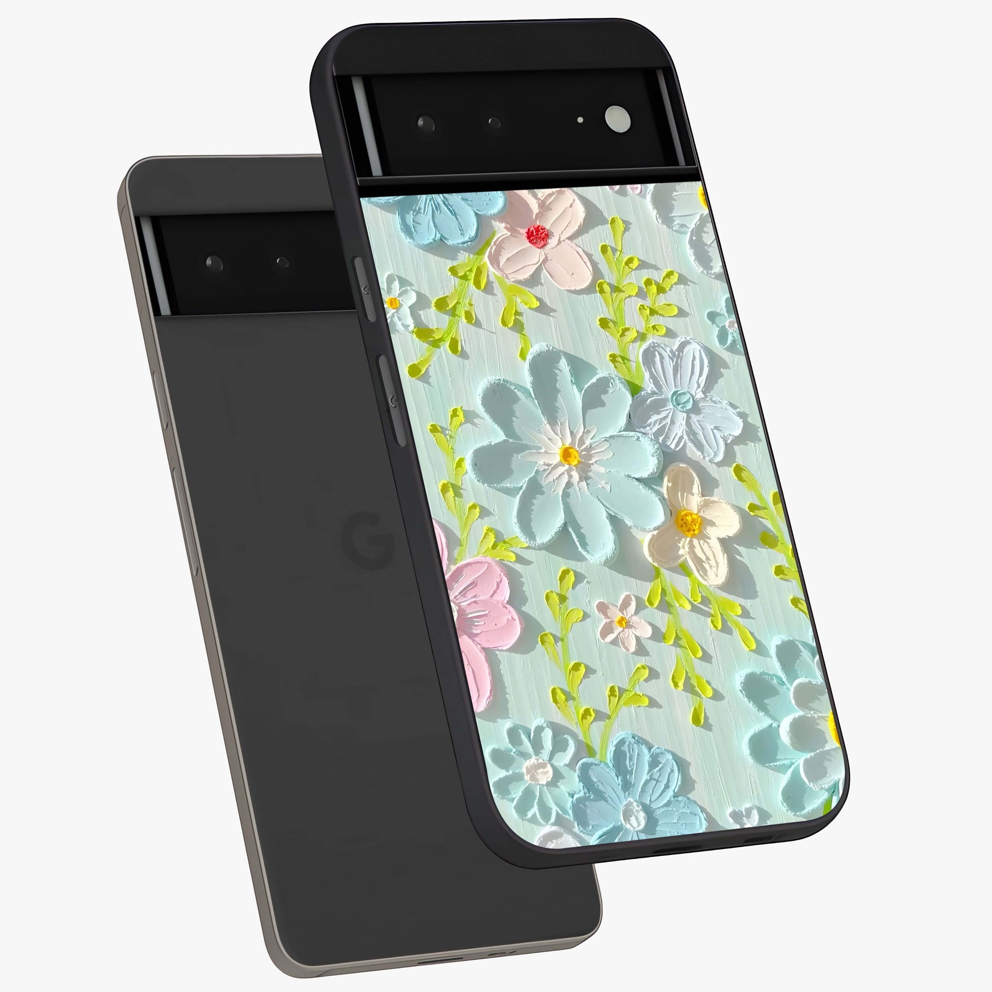 Frosted Petal Garden Glass Case displayed in angled mockup highlighting delicate flower petal design with calm garden aesthetic.