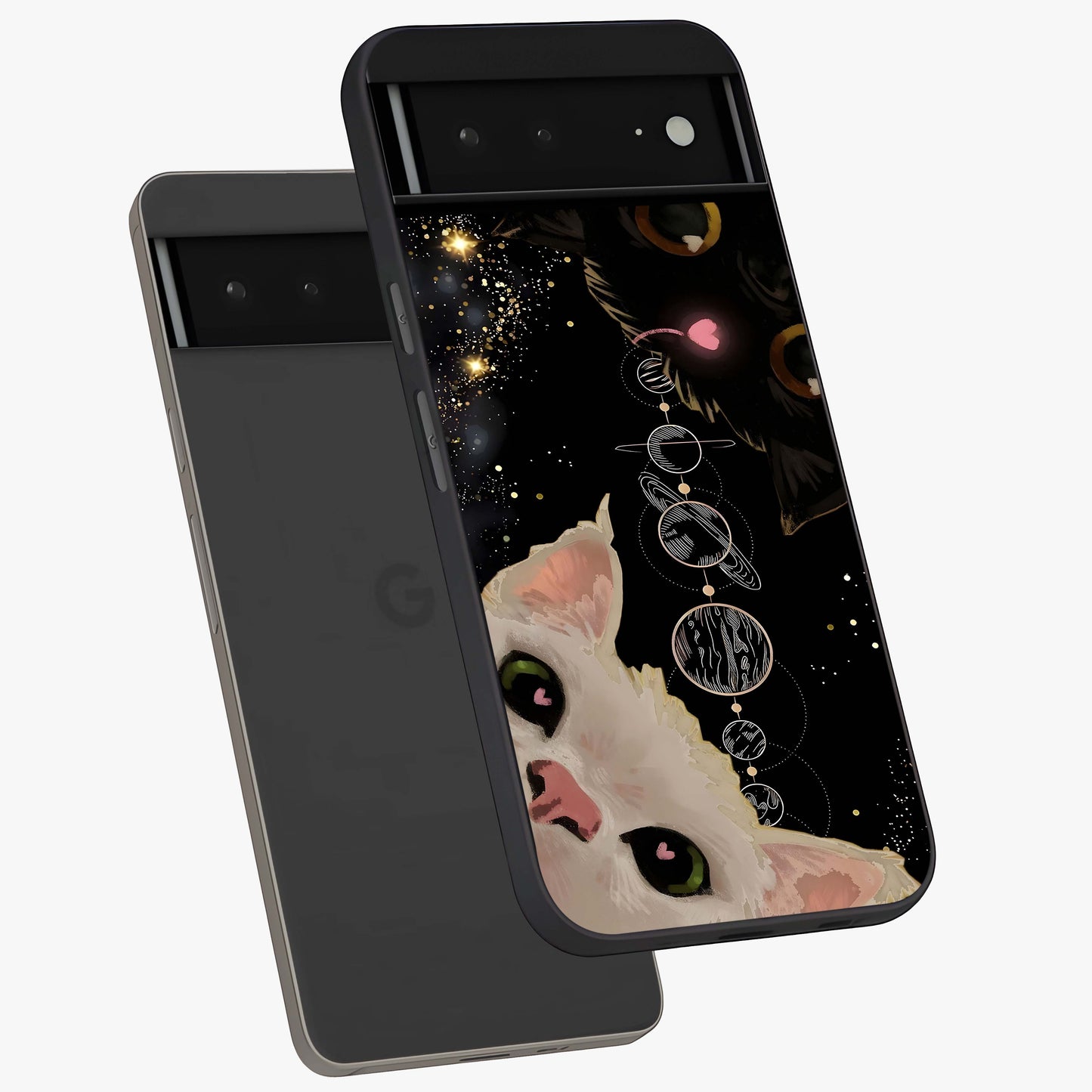 Galactic Cat Glass Case displayed in angled mockup highlighting celestial feline illustration with galaxy aesthetic style.