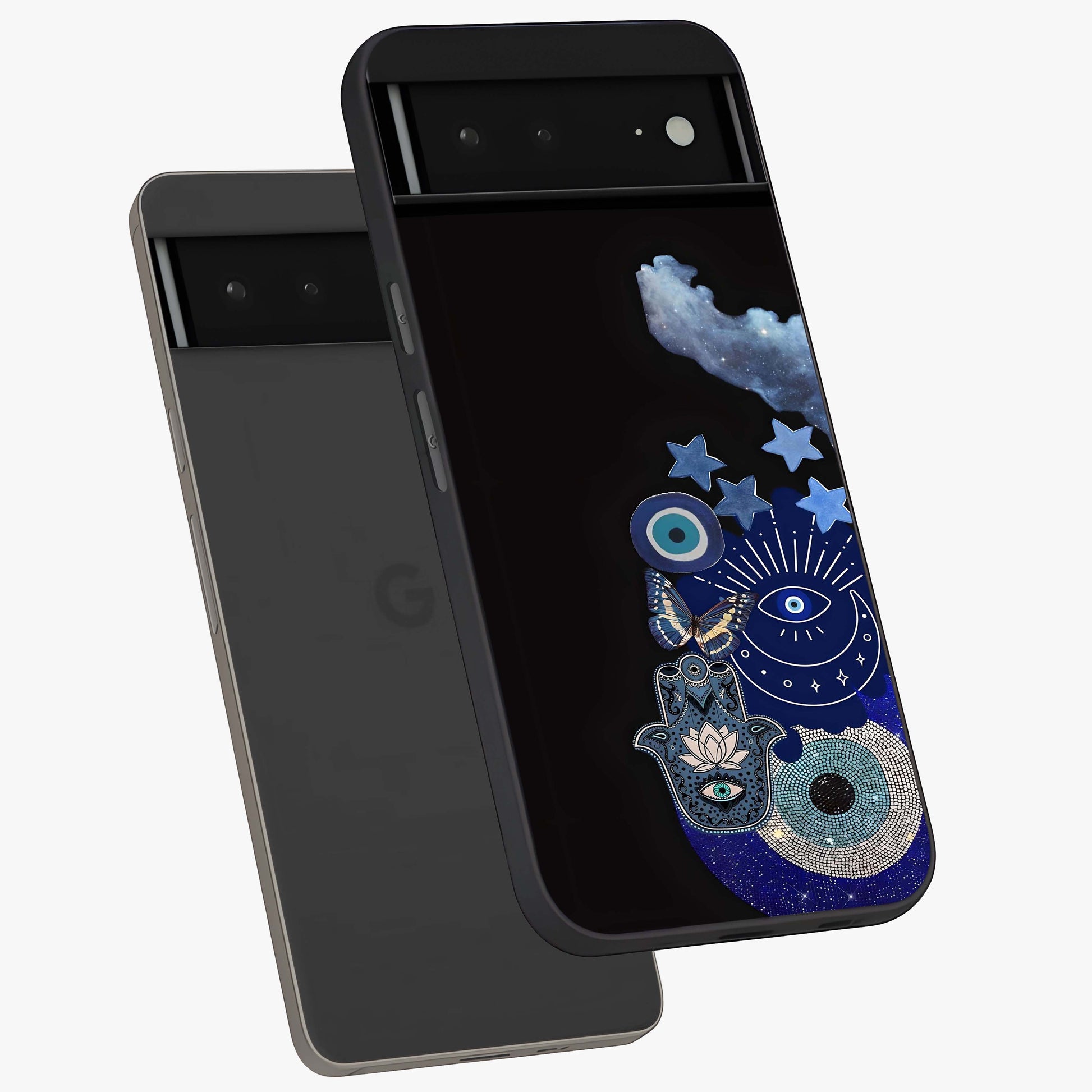 Galactic Charm Cluster Glass Case displayed in angled mockup highlighting luminous galaxy inspired design with dreamy aesthetic.