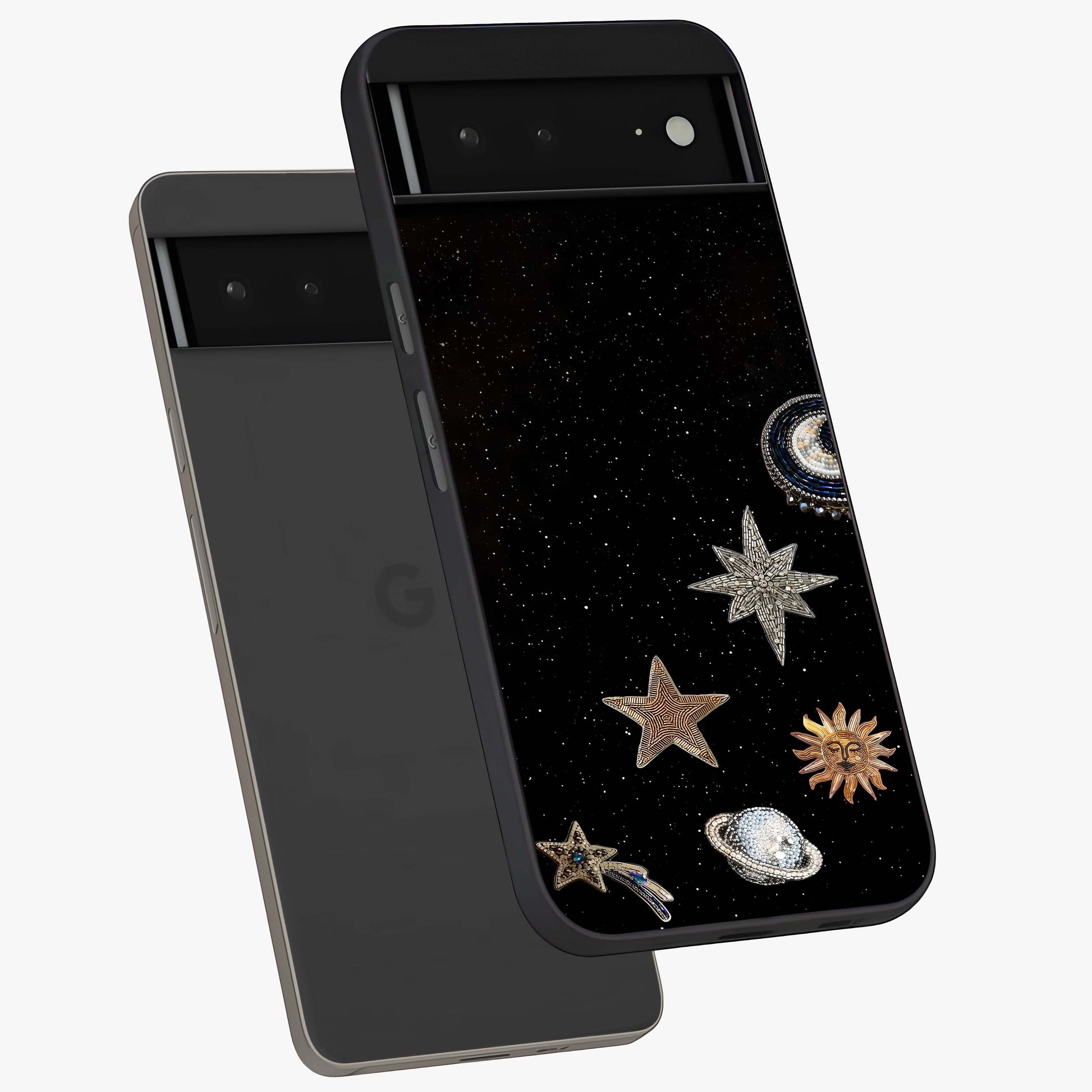 Galactic Charm Glow Glass Case displayed in angled mockup highlighting luminous galaxy inspired design with dreamy aesthetic.
