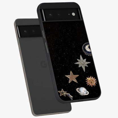Galactic Charm Glow Glass Case displayed in angled mockup highlighting luminous galaxy inspired design with dreamy aesthetic.