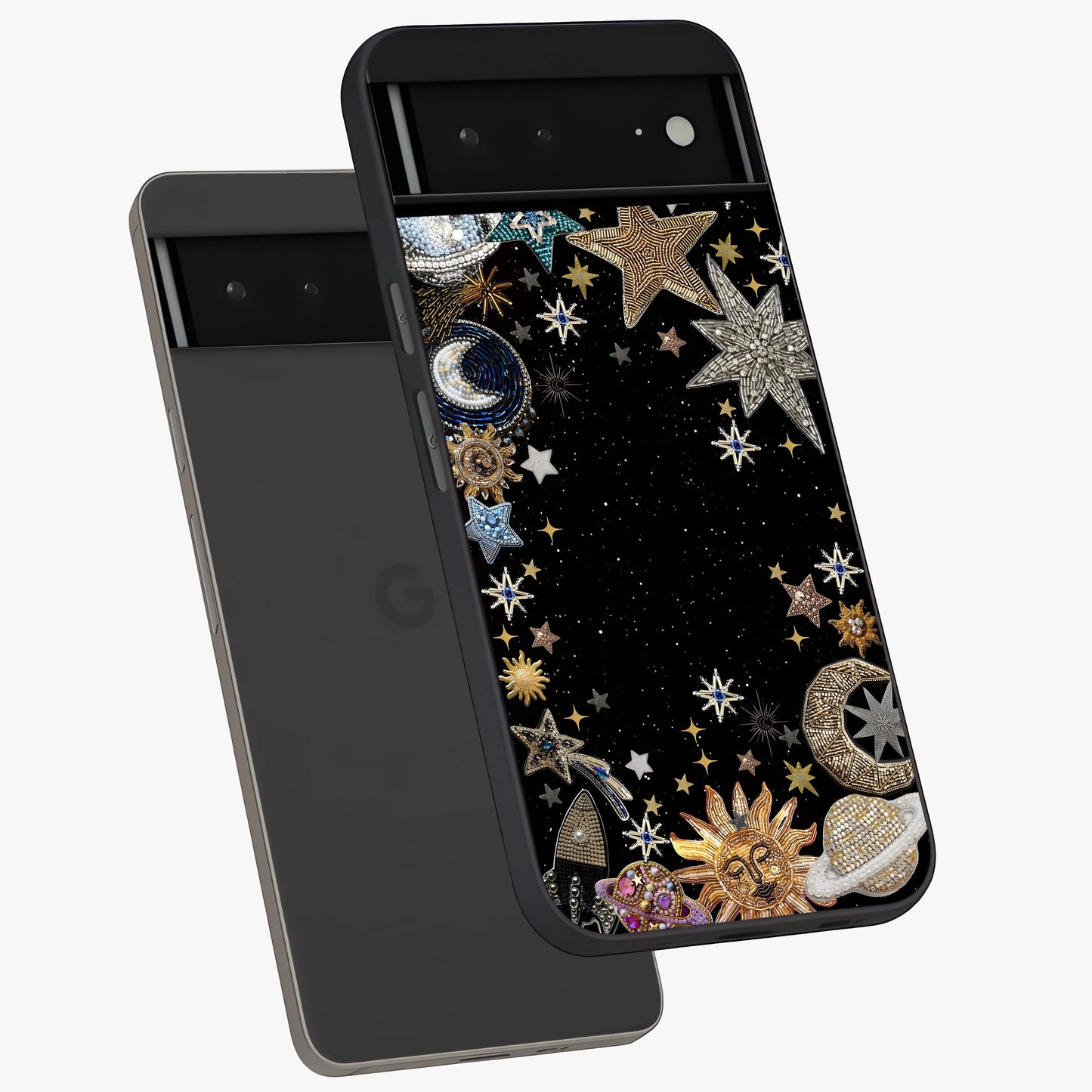 Galactic Jewel Stars Glass Case displayed in angled mockup highlighting shining celestial star design with cosmic aesthetic style.