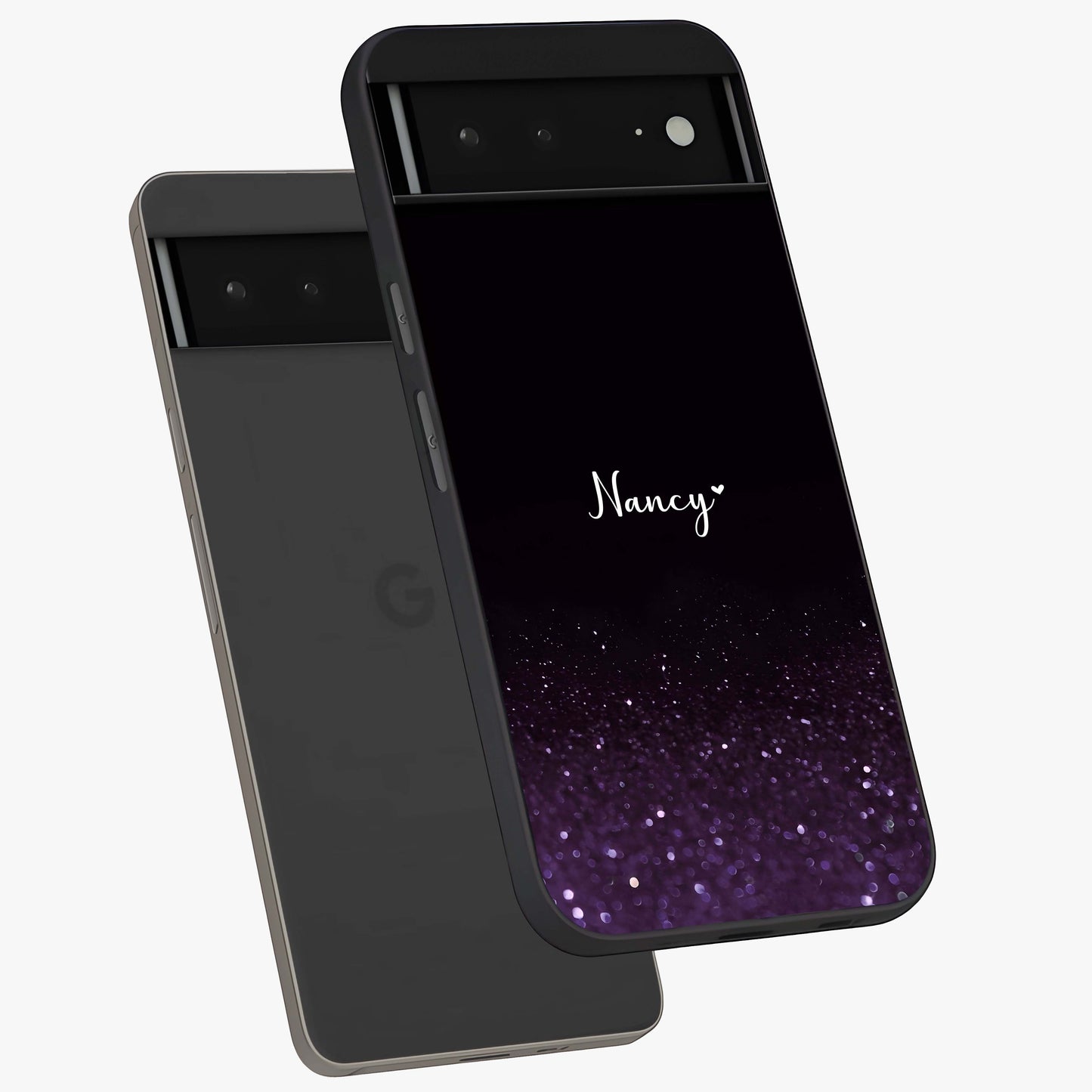 Glittery Purple Bokeh Custom Name Glass Case displayed in angled mockup highlighting glitter bokeh pattern with custom name feature.