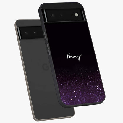 Glittery Purple Bokeh Custom Name Glass Case displayed in angled mockup highlighting glitter bokeh pattern with custom name feature.