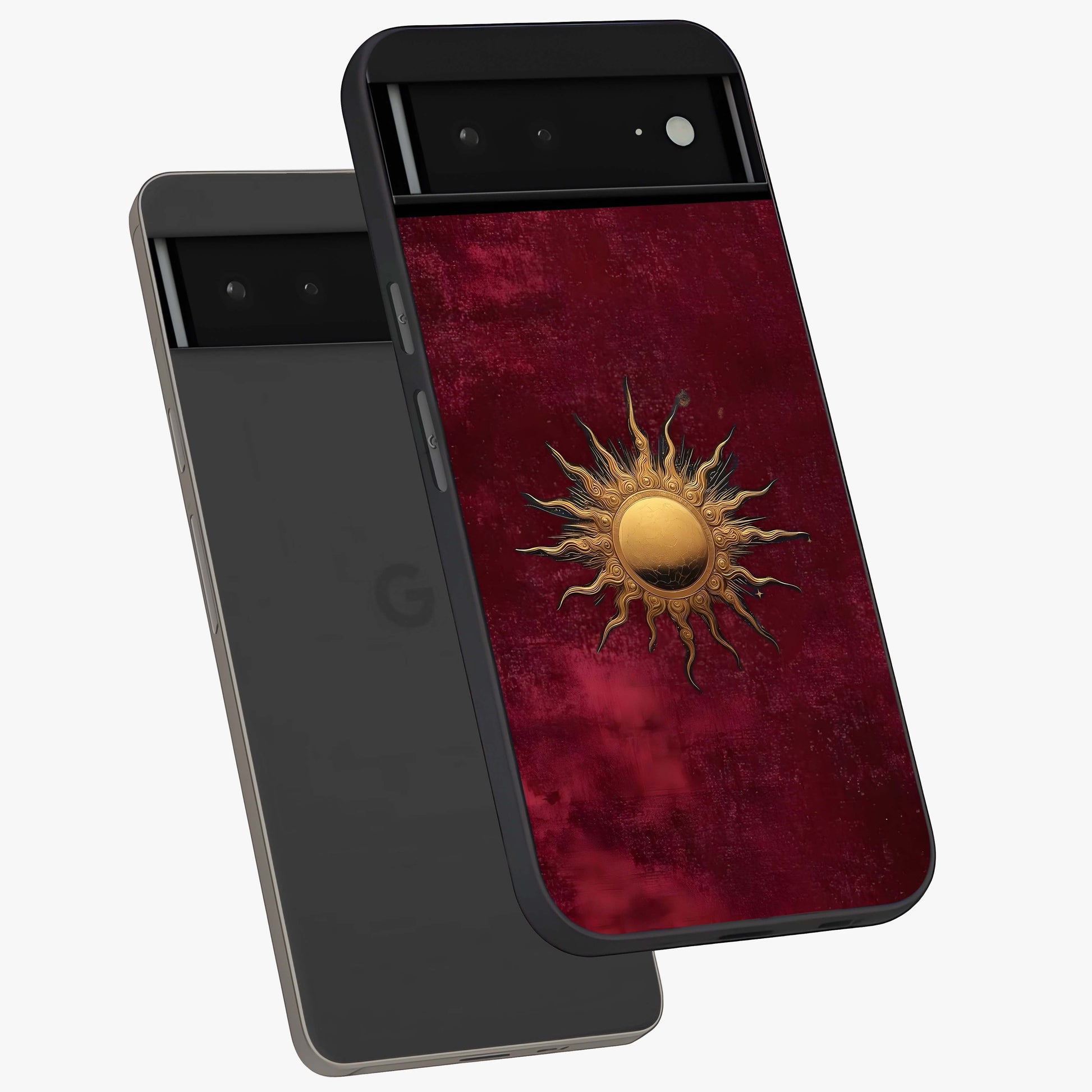 Golden Sun Minimalism Glass Case displayed in angled mockup highlighting clean sun symbol design with modern minimal aesthetic.