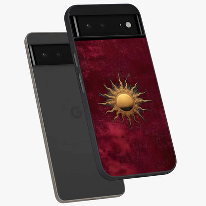 Golden Sun Minimalism Glass Case displayed in angled mockup highlighting clean sun symbol design with modern minimal aesthetic.