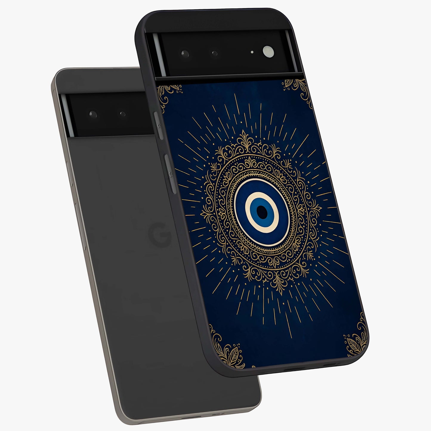 Golden Celestial Charm Glass Case displayed in angled mockup highlighting sparkling cosmic charm design with celestial aesthetic.