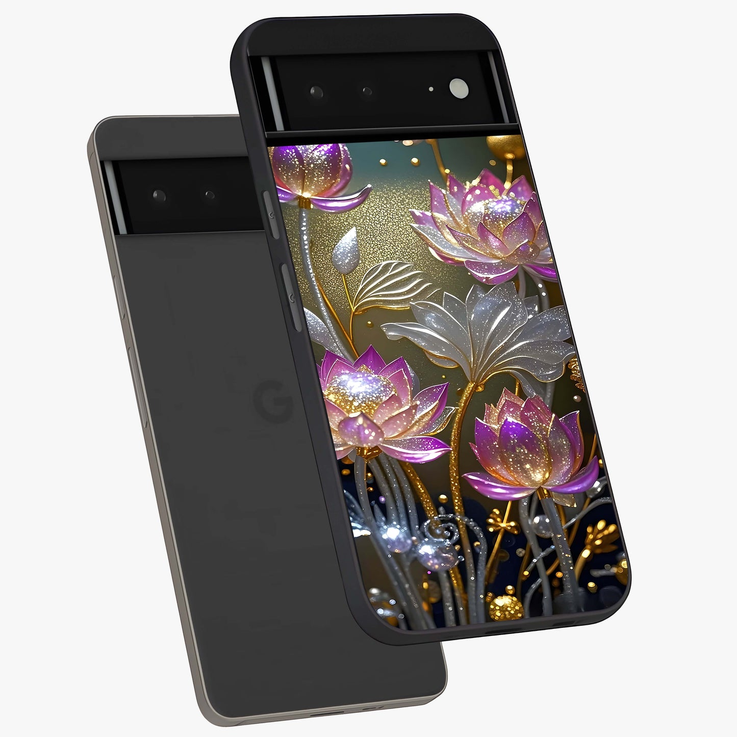 Golden Floral Majesty Glass Case displayed in angled mockup highlighting elegant flower design with royal golden aesthetic.