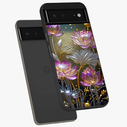 Golden Floral Majesty Glass Case displayed in angled mockup highlighting elegant flower design with royal golden aesthetic.