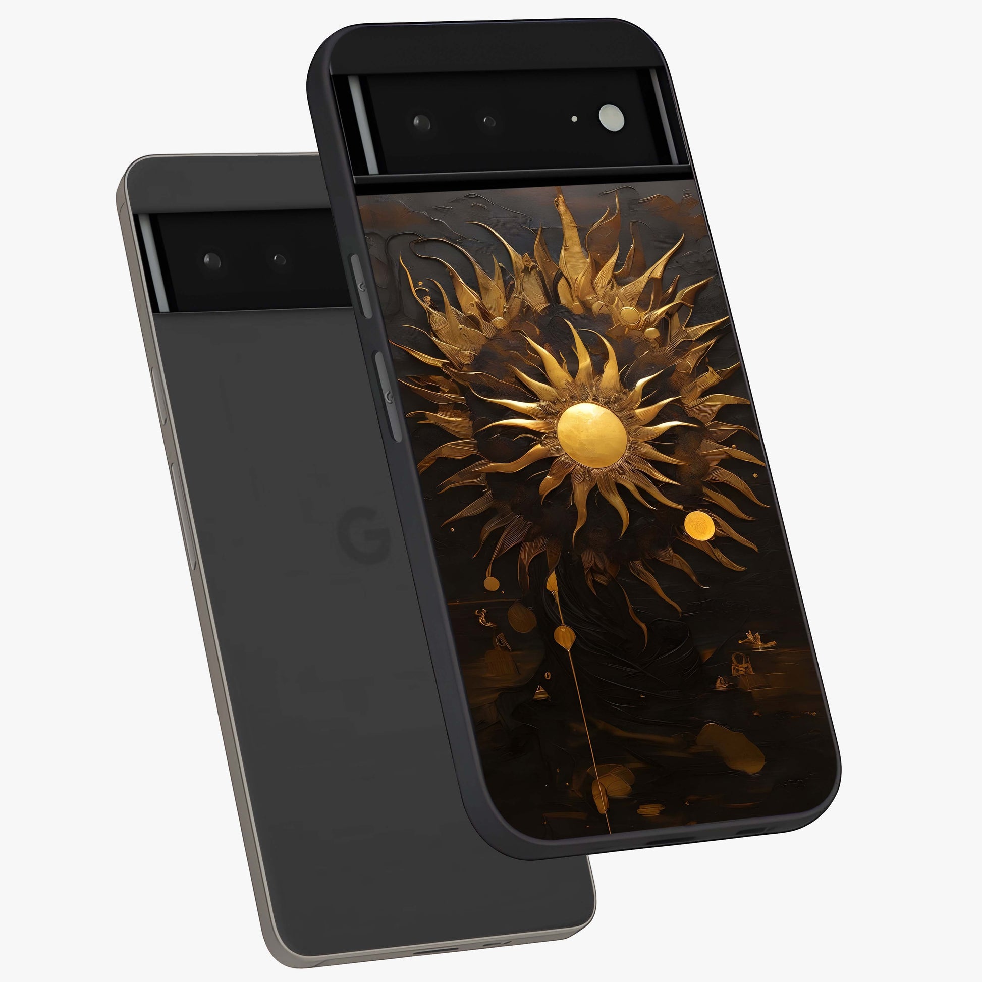 Golden Sun Majesty Glass Case displayed in angled mockup highlighting eerie shadow illustration with gothic aesthetic.