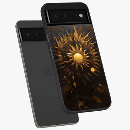 Golden Sun Majesty Glass Case displayed in angled mockup highlighting eerie shadow illustration with gothic aesthetic.