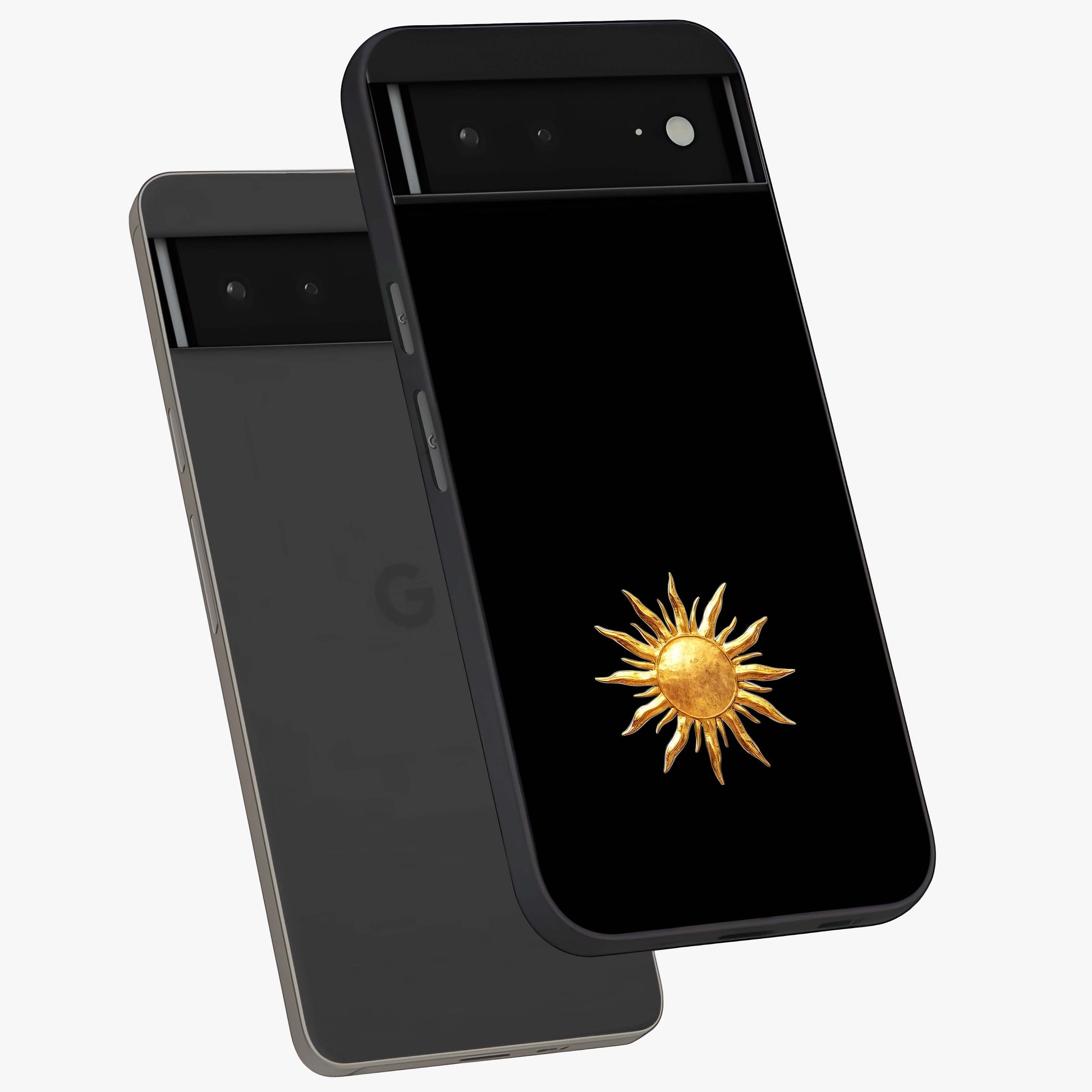 Golden Sun Minimalism Glass Case displayed in angled mockup highlighting eerie shadow illustration with gothic aesthetic.