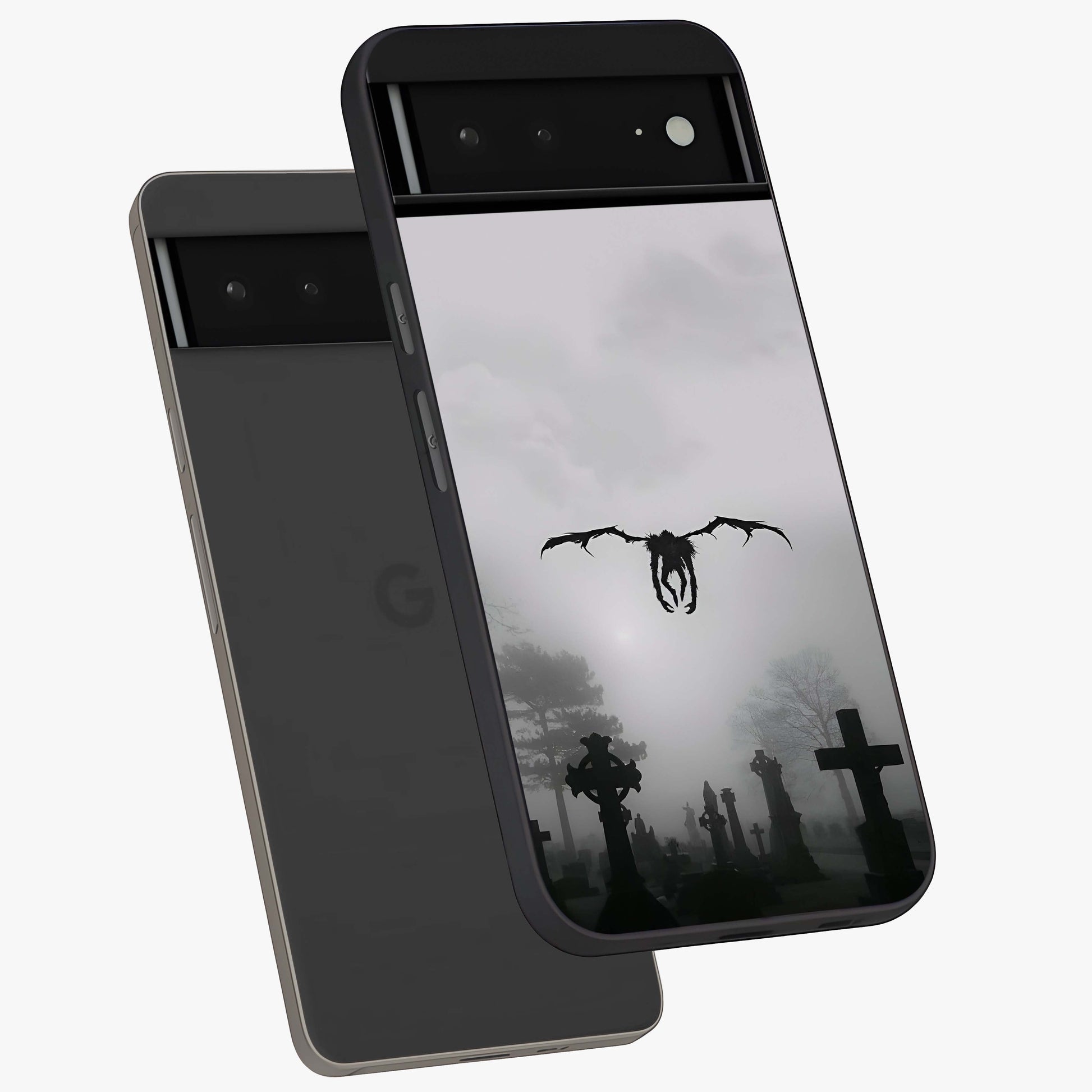 Graveyard Shadow Descent Glass Case displayed in angled mockup highlighting eerie shadow illustration with gothic aesthetic.