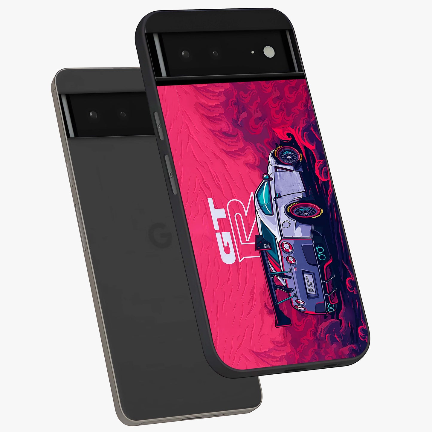 GT-R Car Pattern Glass Case displayed in angled mockup highlighting racing car graphic design with bold automotive aesthetic.