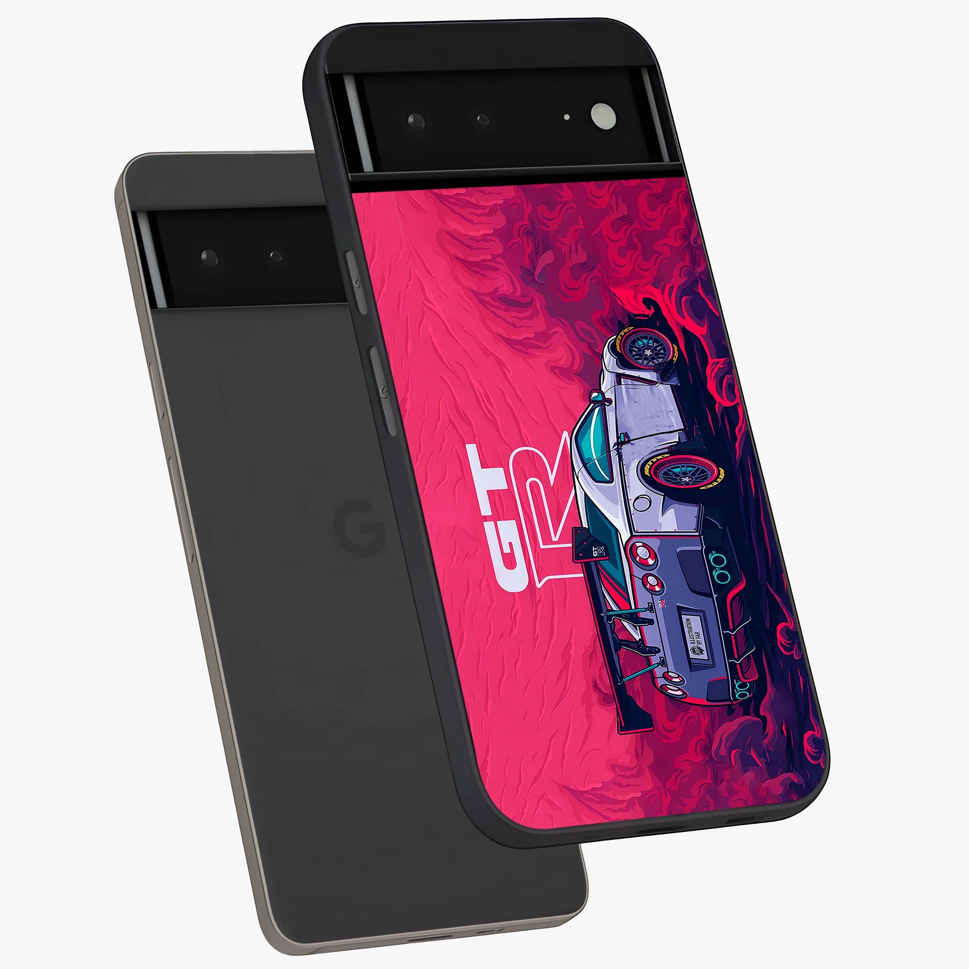 GT-R Car Pattern Glass Case displayed in angled mockup highlighting racing car graphic design with bold automotive aesthetic.