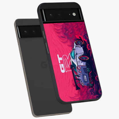 GT-R Car Pattern Glass Case displayed in angled mockup highlighting racing car graphic design with bold automotive aesthetic.