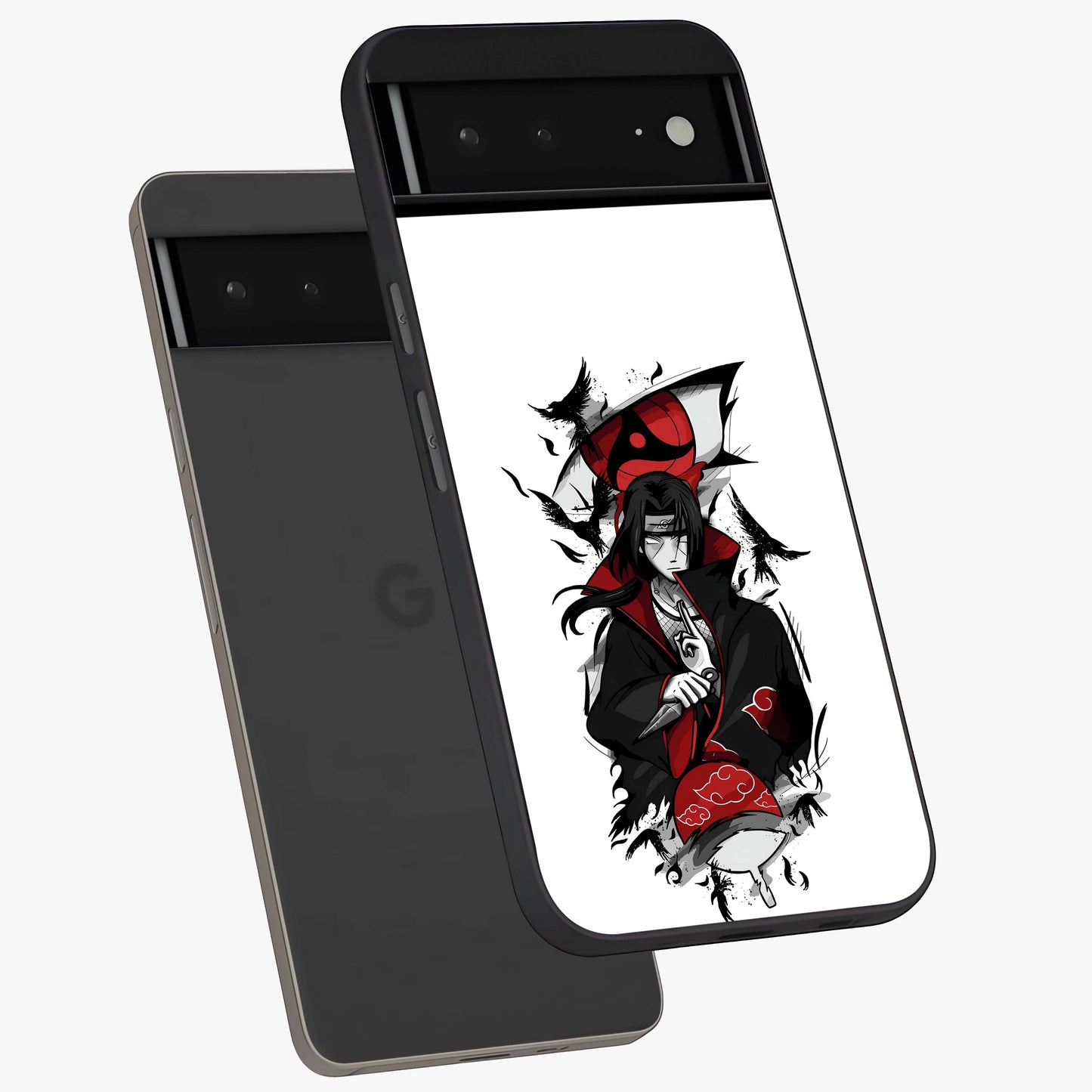 Itachi Limited Edition Naruto Anime Glass Case displayed in angled mockup highlighting dramatic anime illustration with bold action aesthetic.