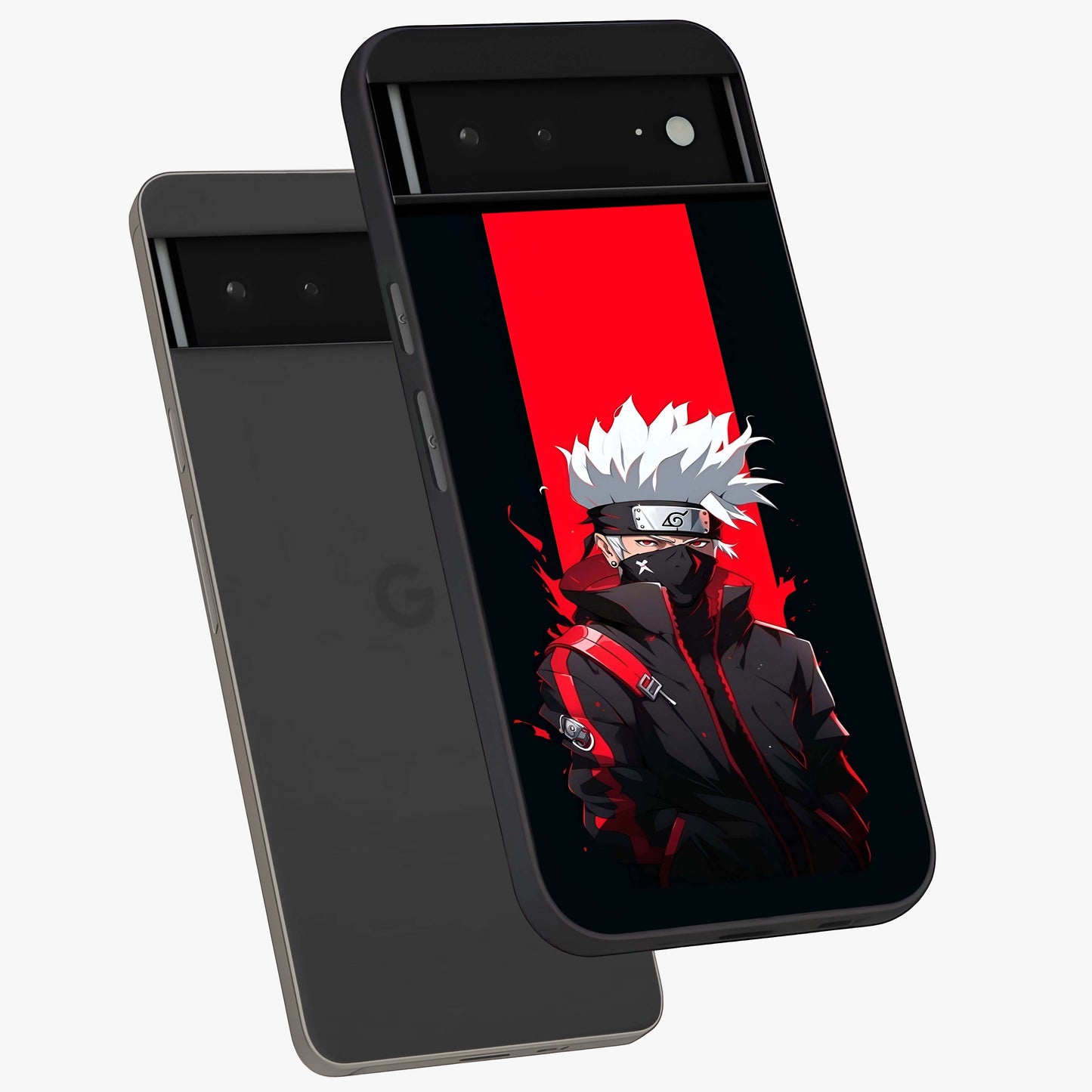 Kakashi Scarlet Shadow Glass Case displayed in angled mockup highlighting dramatic ninja illustration with scarlet themed aesthetic.