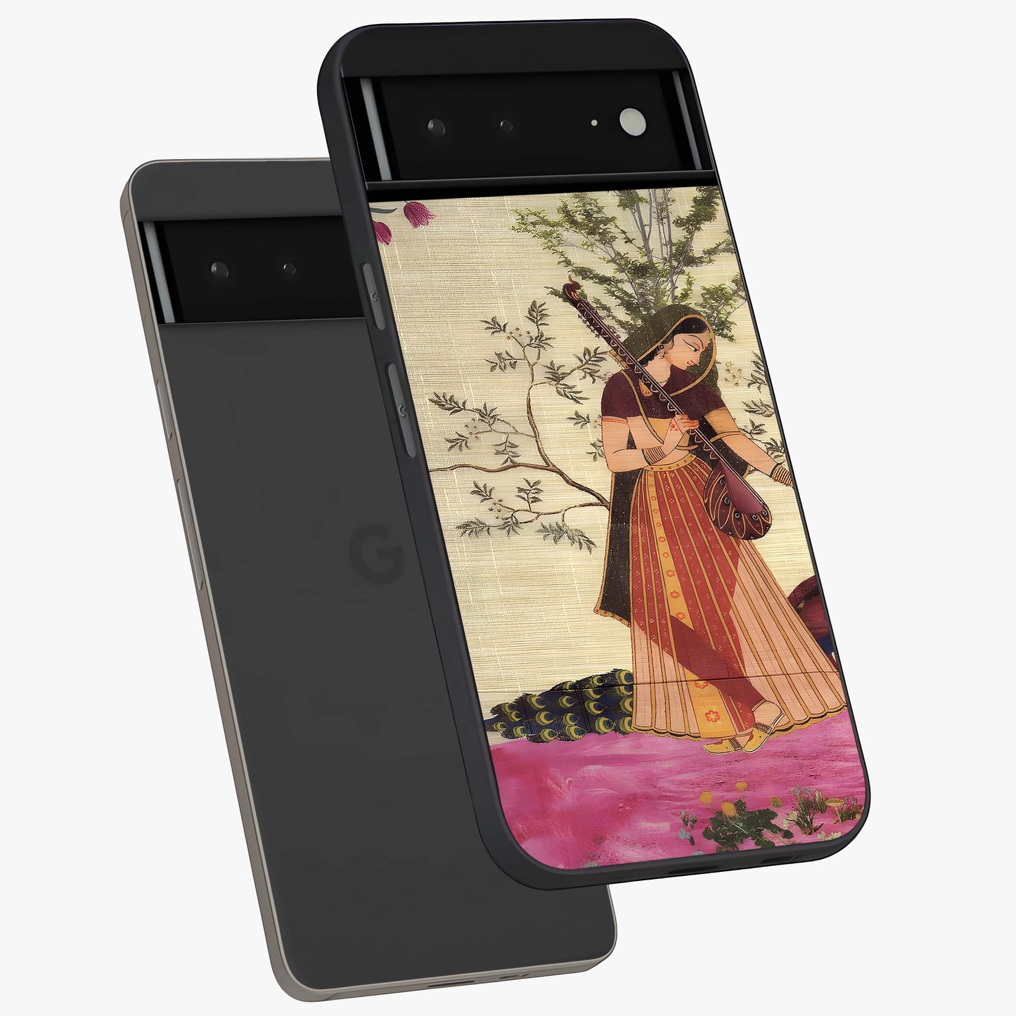 Lady With Veena Art Glass Case displayed in angled mockup highlighting graceful musical illustration with cultural artistic aesthetic.