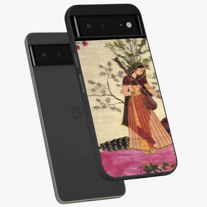 Lady With Veena Art Glass Case displayed in angled mockup highlighting graceful musical illustration with cultural artistic aesthetic.