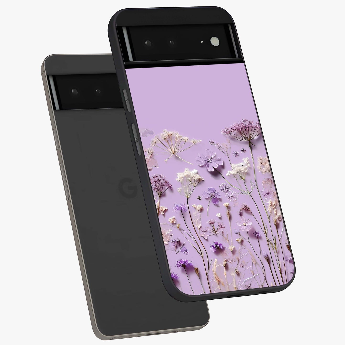Lavender Blossom Dream Glass Case displayed in angled mockup highlighting dreamy lavender flower design with calming aesthetic style.