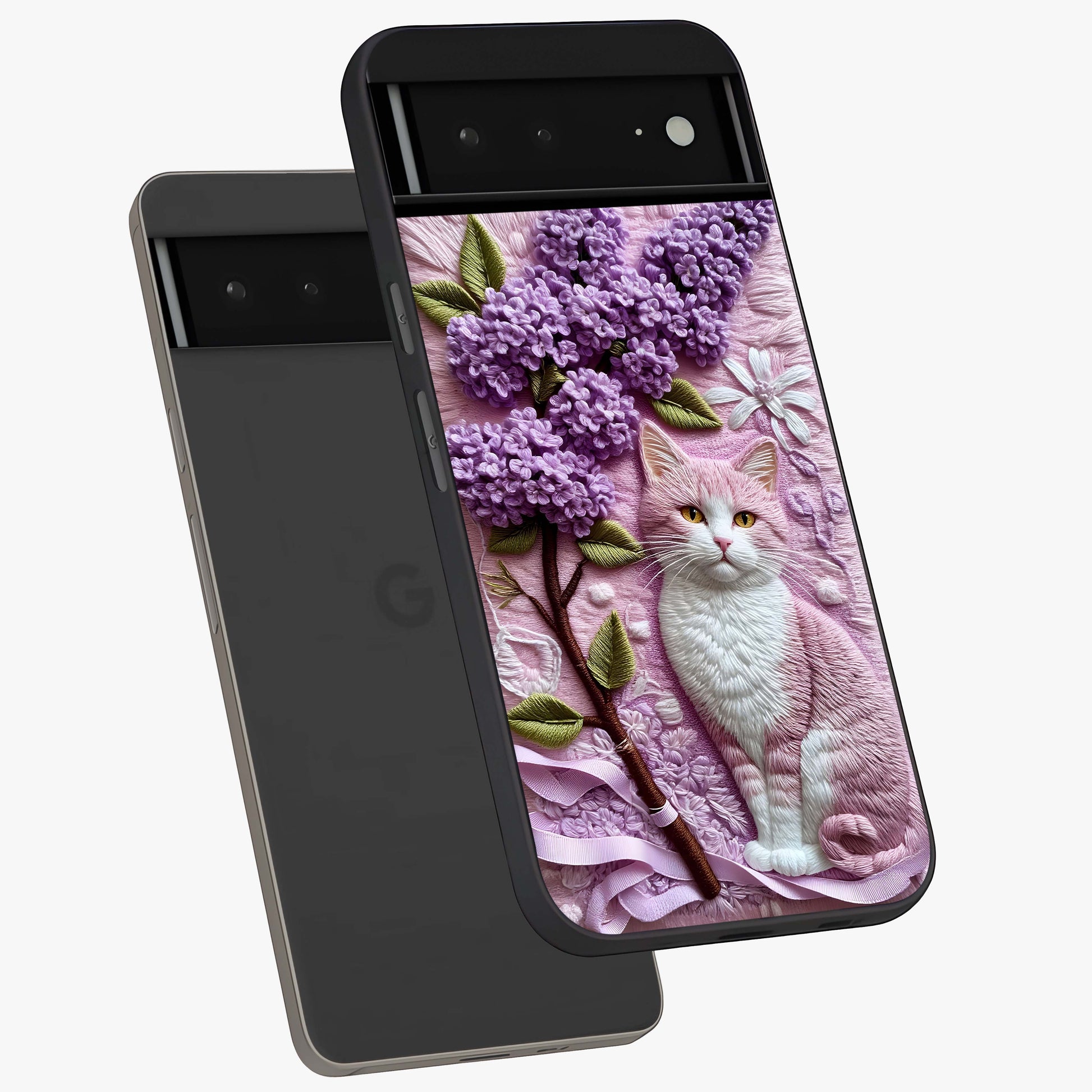 Lavender Cat Whimsy Glass Case displayed in angled mockup highlighting playful feline illustration with pastel lavender aesthetic.