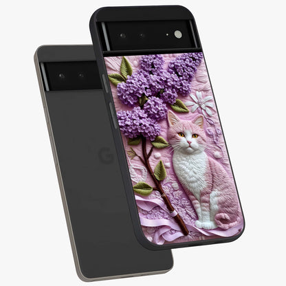Lavender Cat Whimsy Glass Case displayed in angled mockup highlighting playful feline illustration with pastel lavender aesthetic.