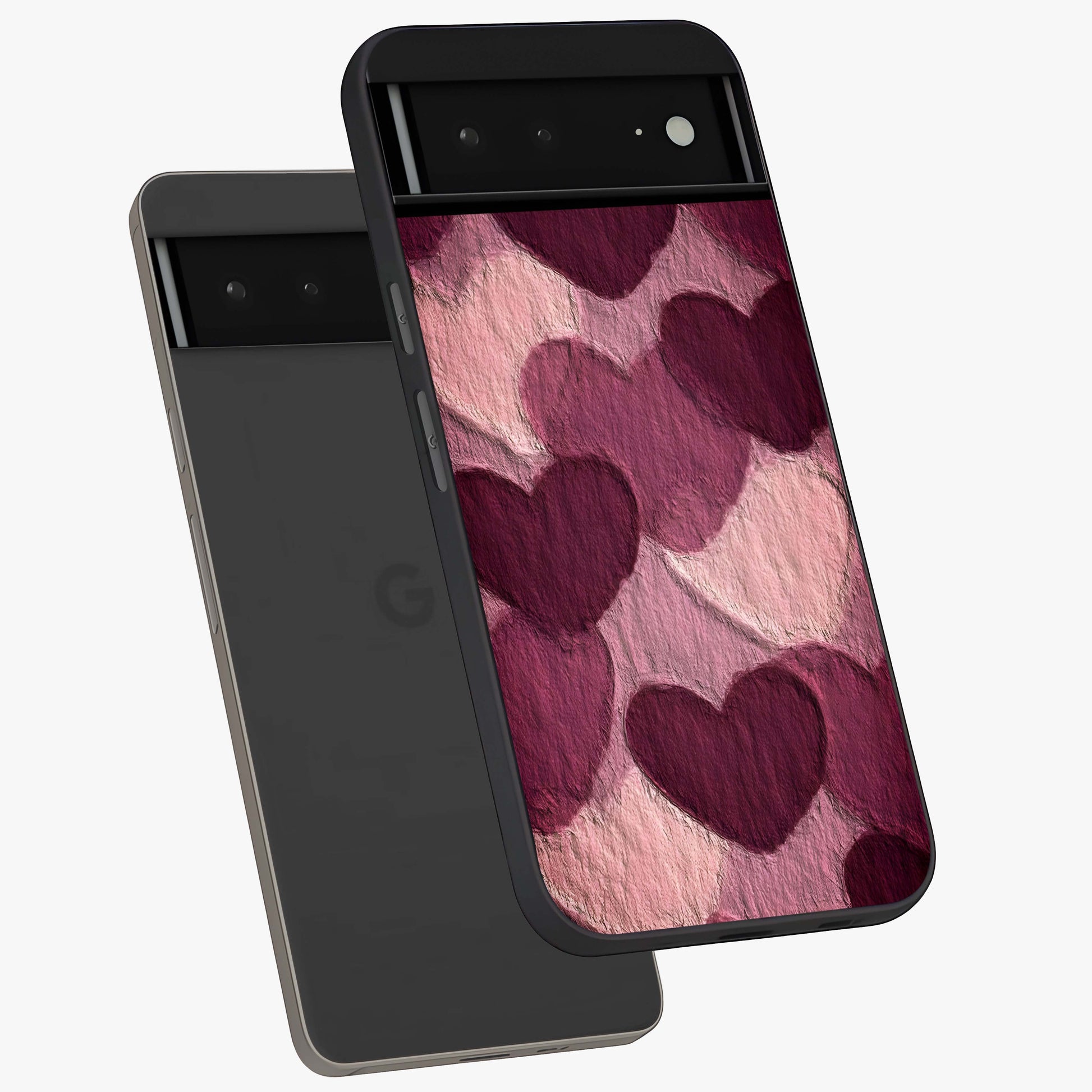 Layered Paper Hearts Glass Case displayed in angled mockup highlighting creative paper craft heart design with romantic aesthetic.