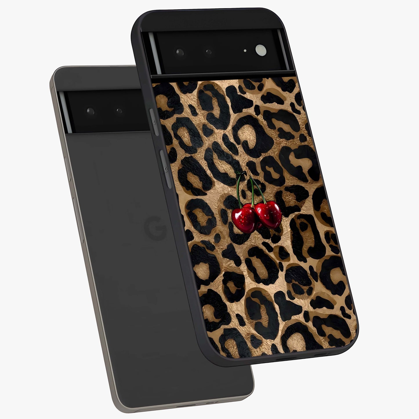 Leopard Wild Cherry Glass Case displayed in angled mockup highlighting bold animal print design with playful cherry aesthetic.