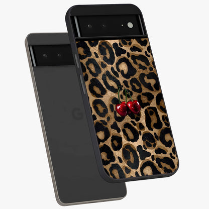 Leopard Wild Cherry Glass Case displayed in angled mockup highlighting bold animal print design with playful cherry aesthetic.