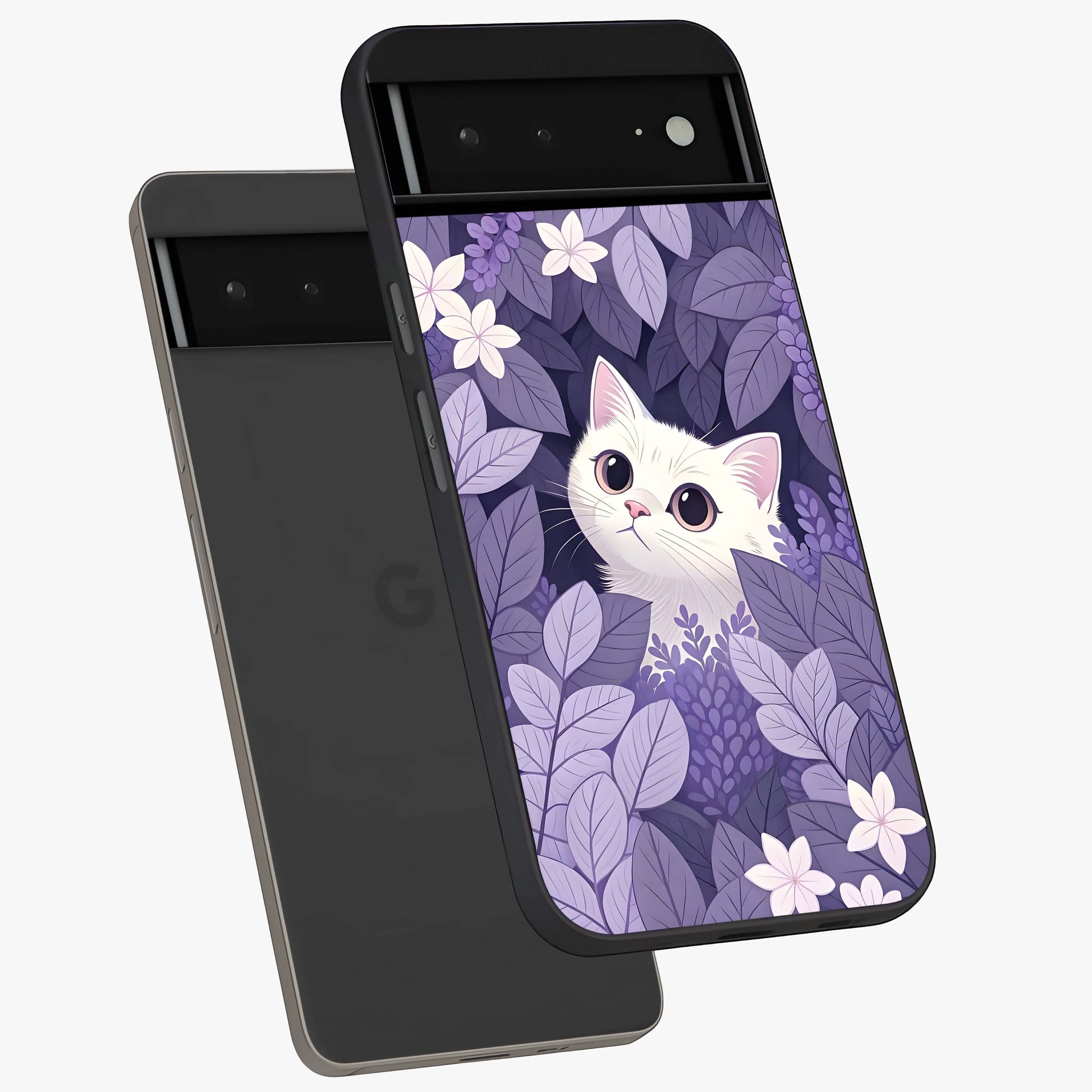 Lilac Hide Peek Cat Glass Case displayed in angled mockup highlighting playful feline illustration with lilac aesthetic design.