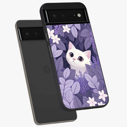 Lilac Hide Peek Cat Glass Case displayed in angled mockup highlighting playful feline illustration with lilac aesthetic design.