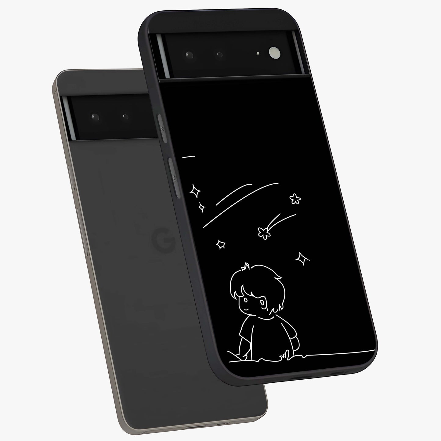 Line Art Boy With Shooting Stars Glass Case displayed in angled mockup highlighting elegant line art design with dreamy star aesthetic.